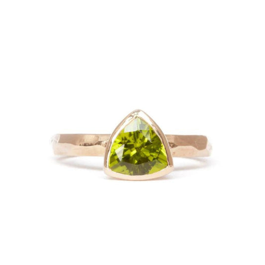 The Fairmined Arizona Peridot Trillion-Cut Carved Solitaire (Ready to ship in size 6) - W.R. Metalarts