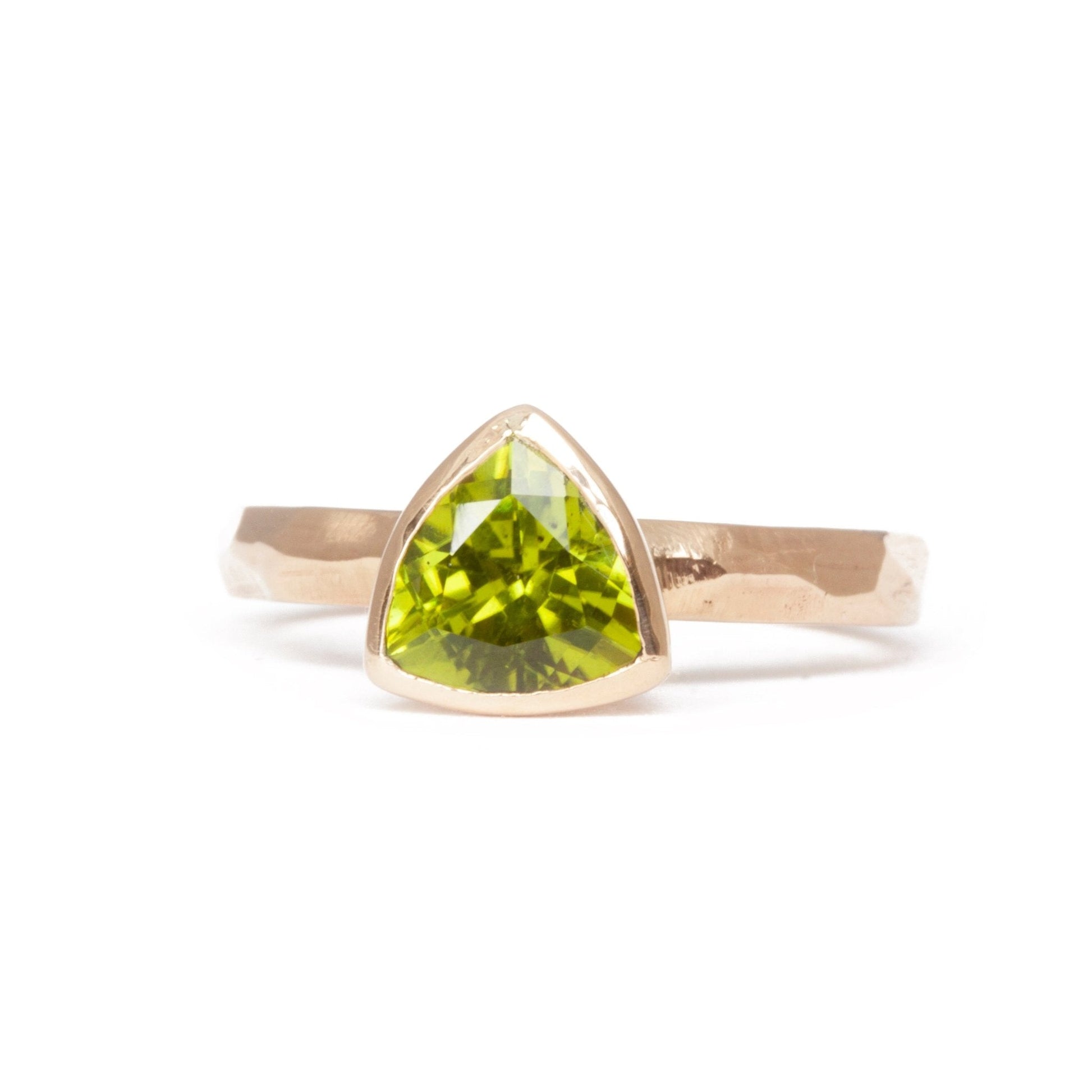 The Fairmined Arizona Peridot Trillion-Cut Carved Solitaire (Ready to ship in size 6) - W.R. Metalarts
