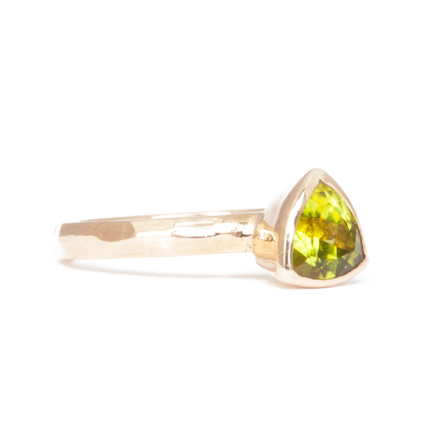 The Fairmined Arizona Peridot Trillion-Cut Carved Solitaire (Ready to ship in size 6) - W.R. Metalarts