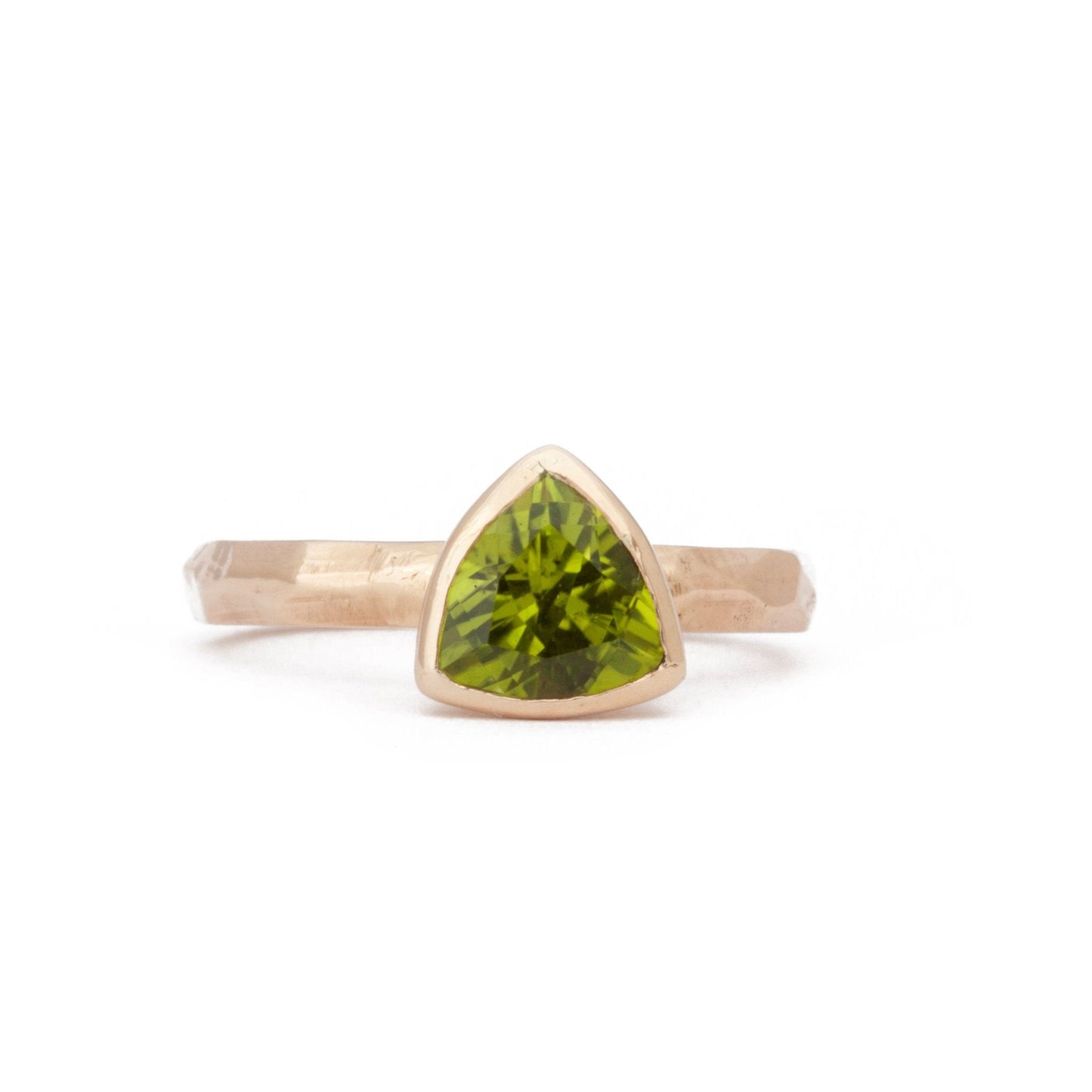 The Fairmined Arizona Peridot Trillion-Cut Carved Solitaire (Ready to ship in size 6) - W.R. Metalarts