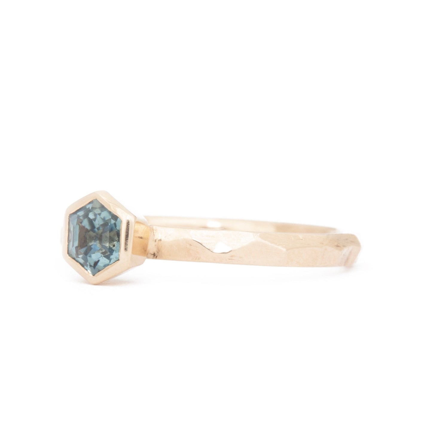 The Fairmined Montana Sapphire Hexagon Carved Solitaire (Ready to ship in size 9.5) - W.R. Metalarts