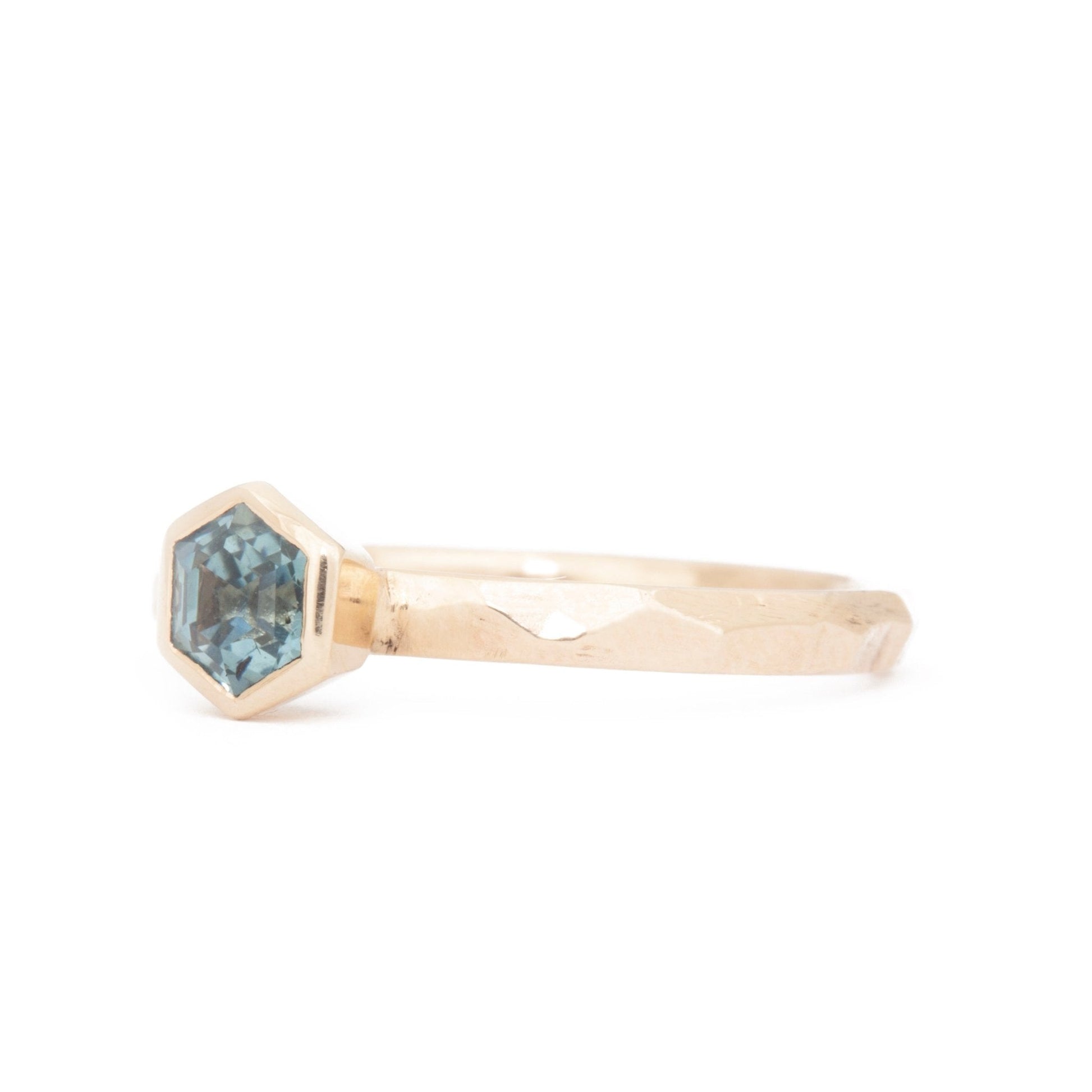 The Fairmined Montana Sapphire Hexagon Carved Solitaire (Ready to ship in size 9.5) - W.R. Metalarts