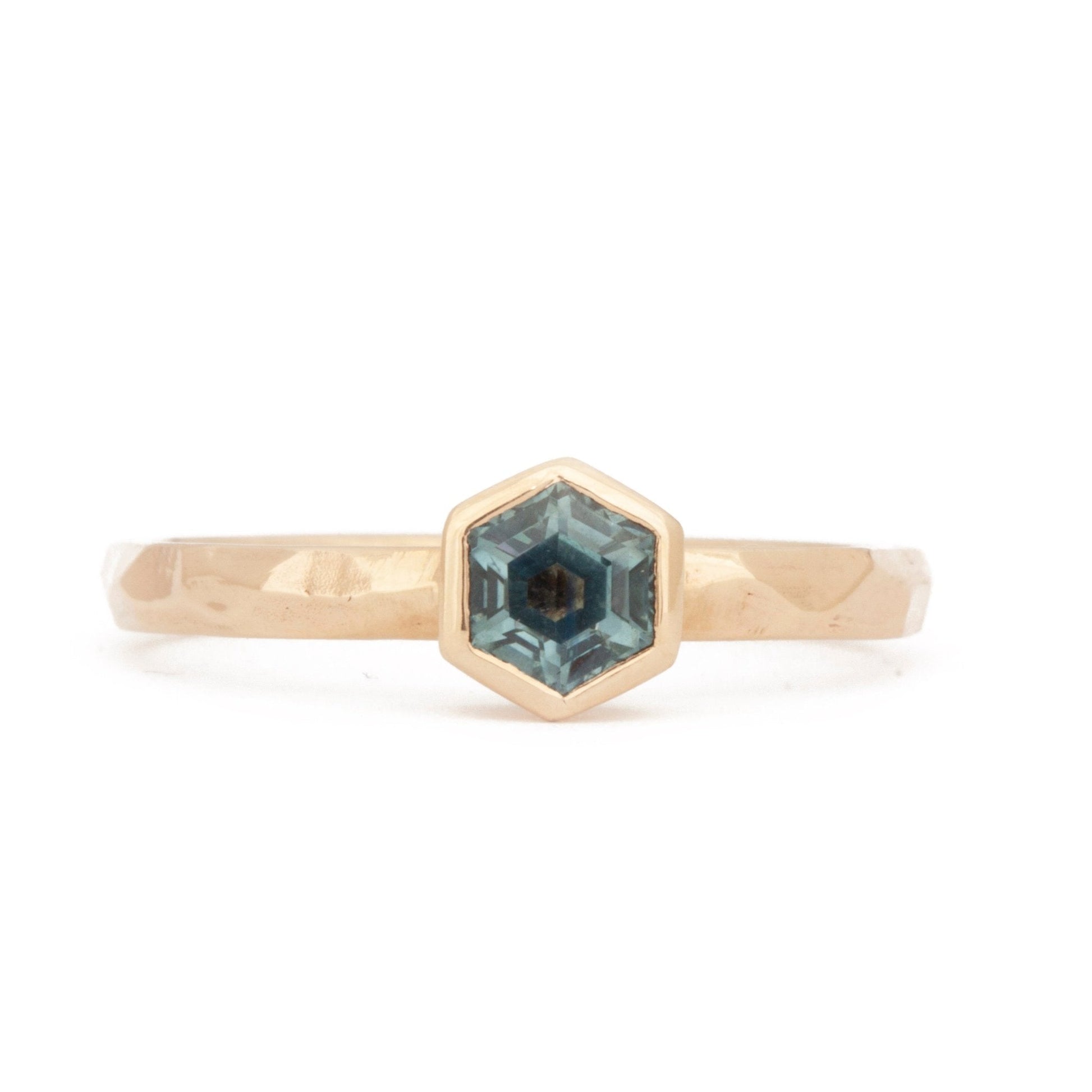 The Fairmined Montana Sapphire Hexagon Carved Solitaire (Ready to ship in size 9.5) - W.R. Metalarts
