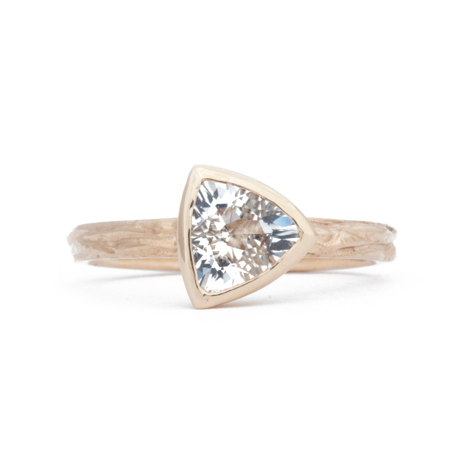 The Fairmined New Hampshire Goshenite Trillion-Cut Woodgrain Solitaire - W.R. Metalarts