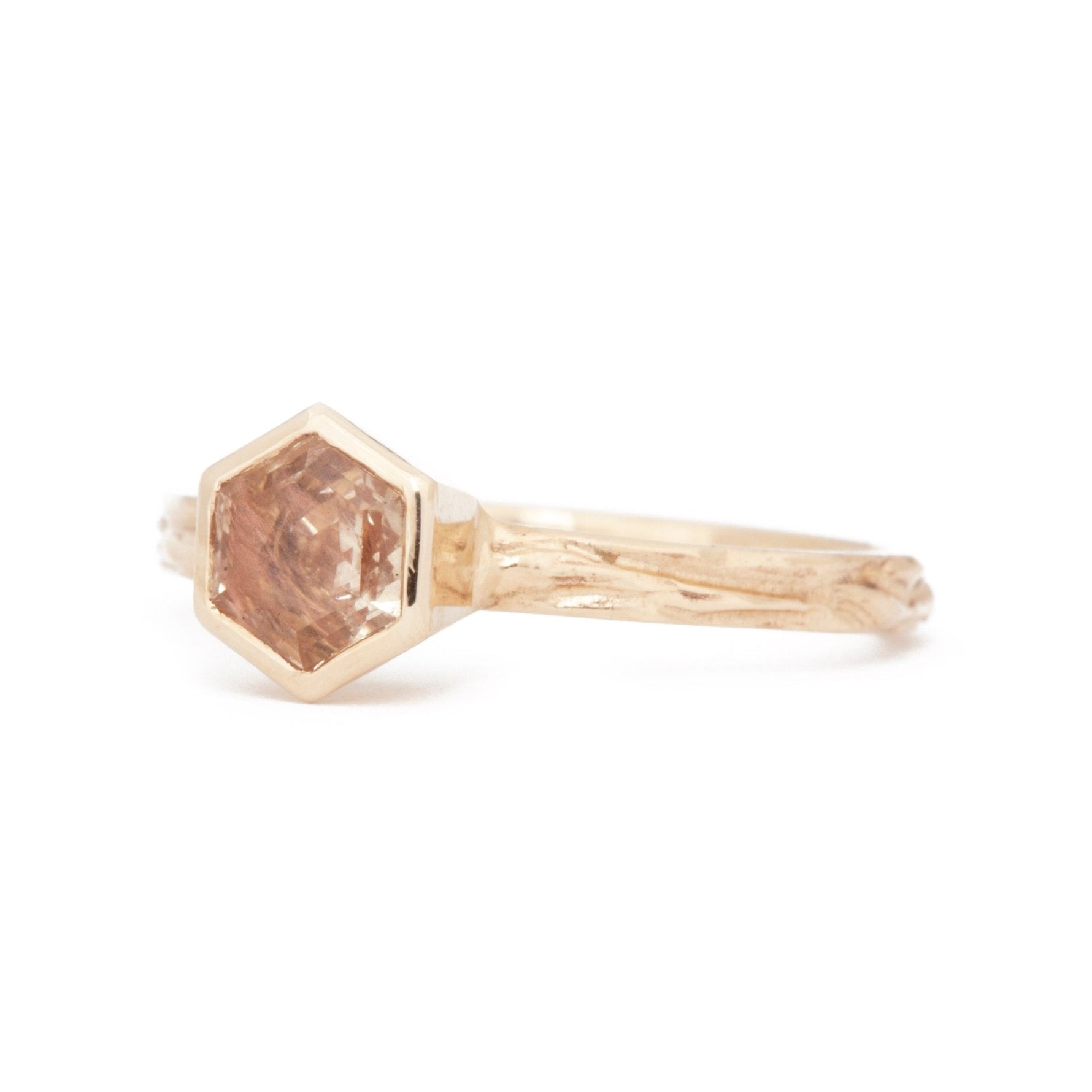 The Fairmined Oregon Sunstone Hexagon Woodgrain Solitaire - W.R. Metalarts
