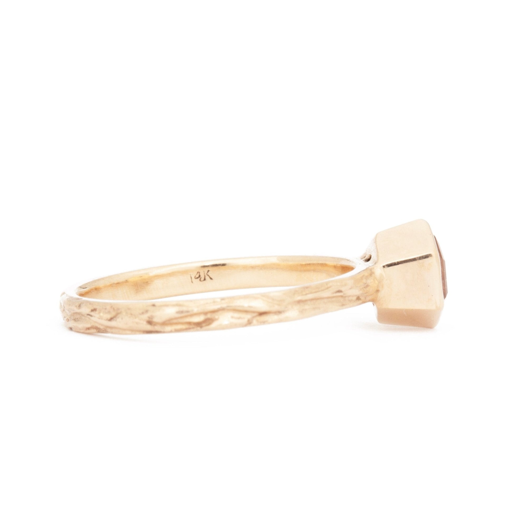 The Fairmined Oregon Sunstone Hexagon Woodgrain Solitaire (Ready to ship in size 9.75) - W.R. Metalarts