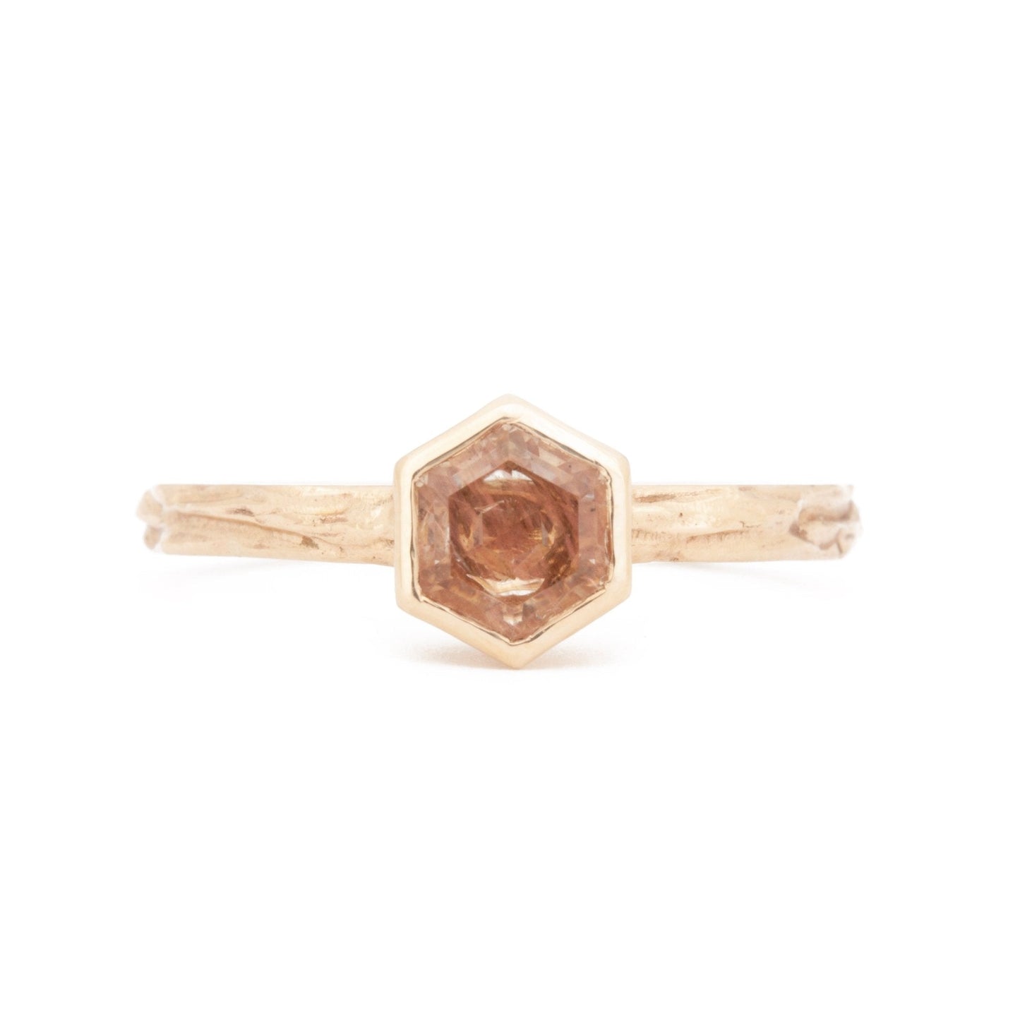 The Fairmined Oregon Sunstone Hexagon Woodgrain Solitaire (Ready to ship in size 9.75) - W.R. Metalarts