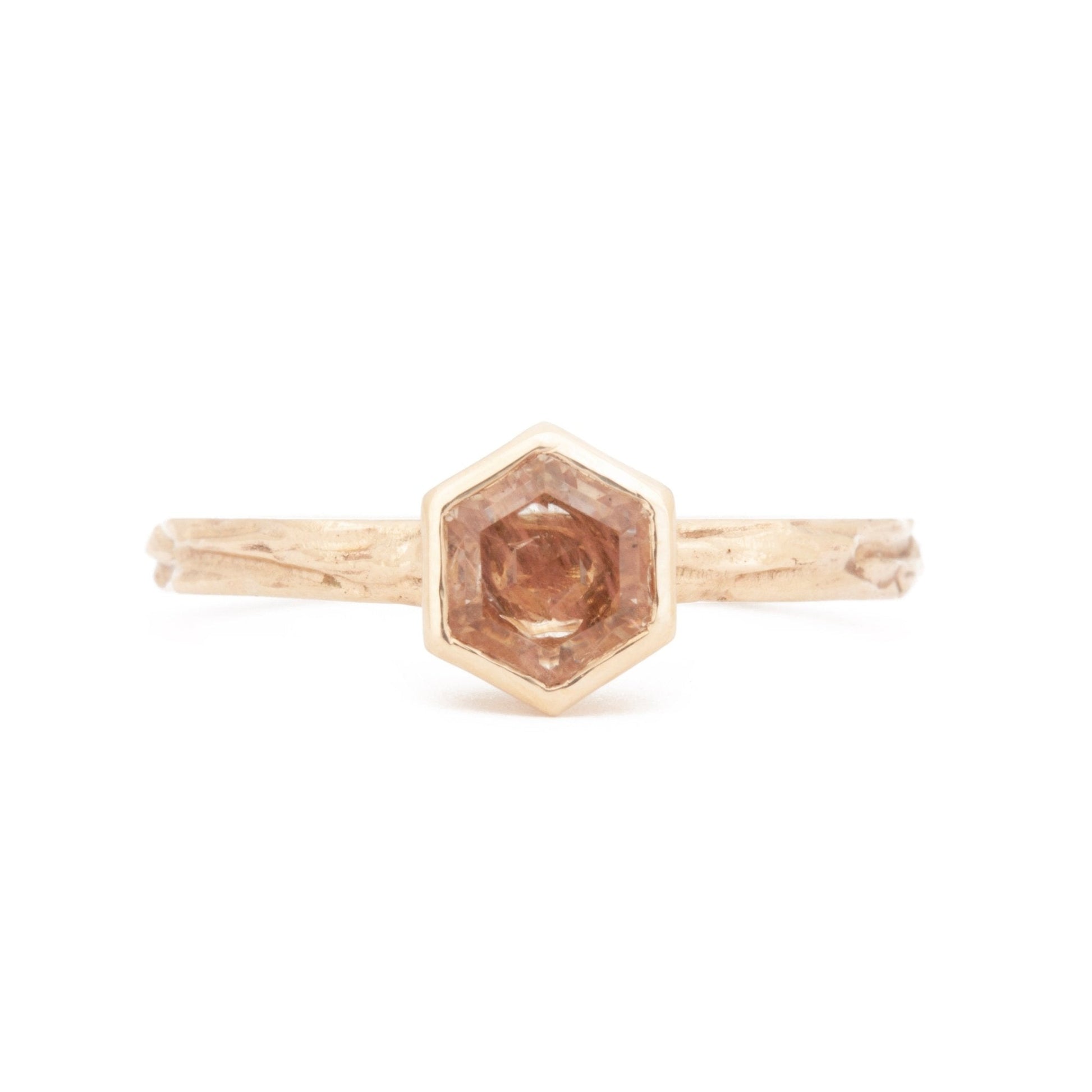 The Fairmined Oregon Sunstone Hexagon Woodgrain Solitaire (Ready to ship in size 9.75) - W.R. Metalarts