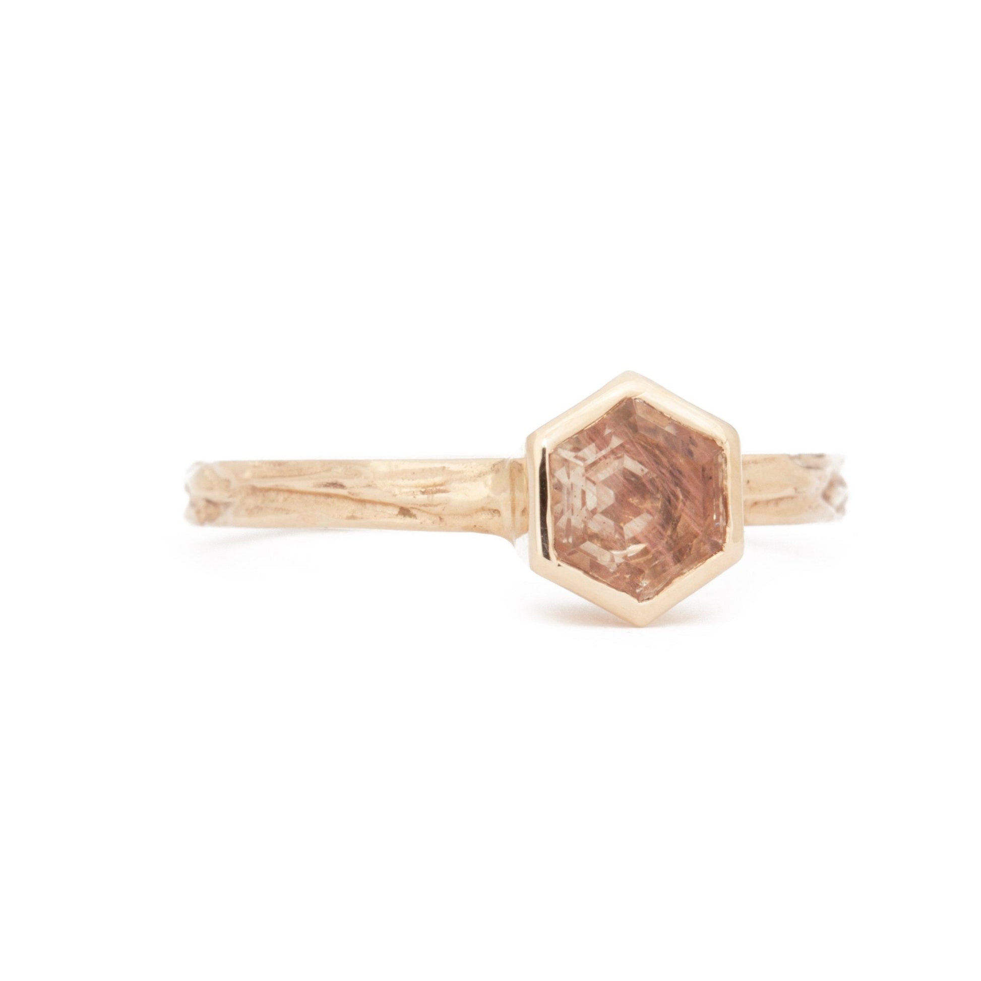 The Fairmined Oregon Sunstone Hexagon Woodgrain Solitaire (Ready to ship in size 9.75) - W.R. Metalarts