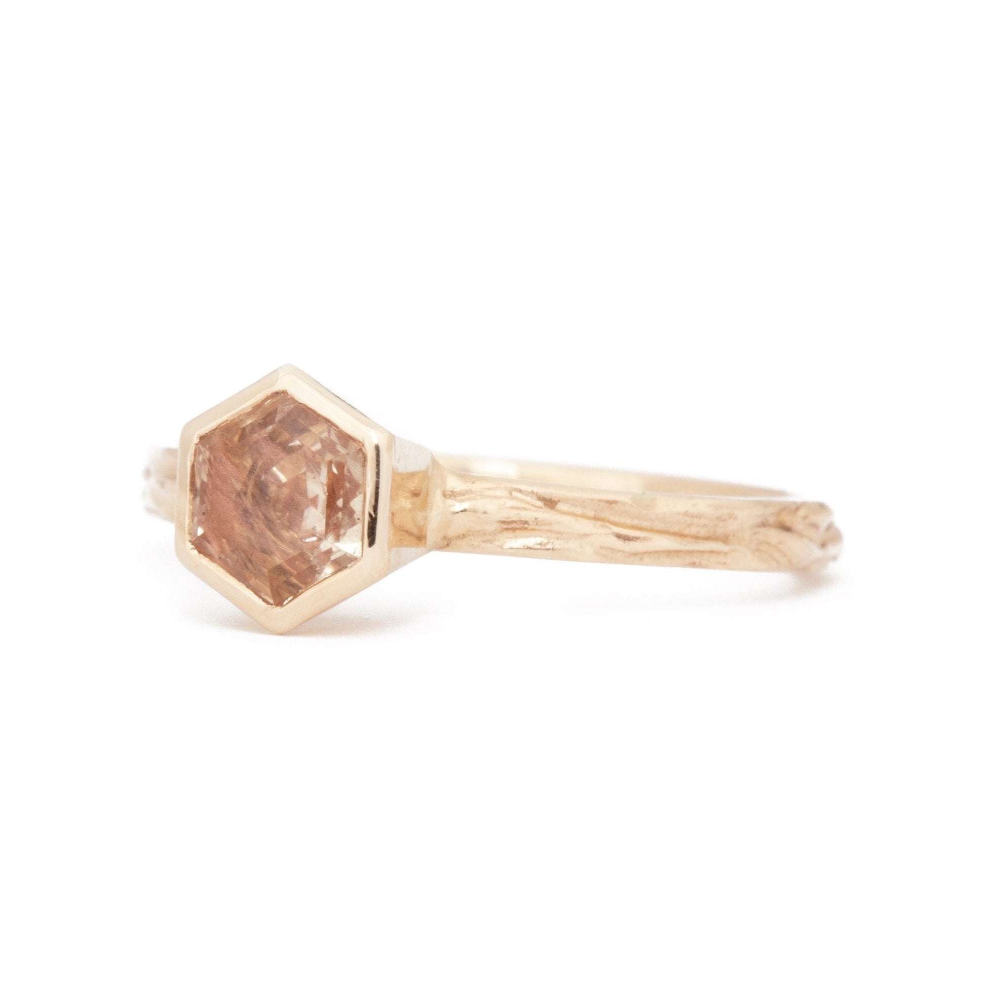 The Fairmined Oregon Sunstone Hexagon Woodgrain Solitaire (Ready to ship in size 9.75) - W.R. Metalarts