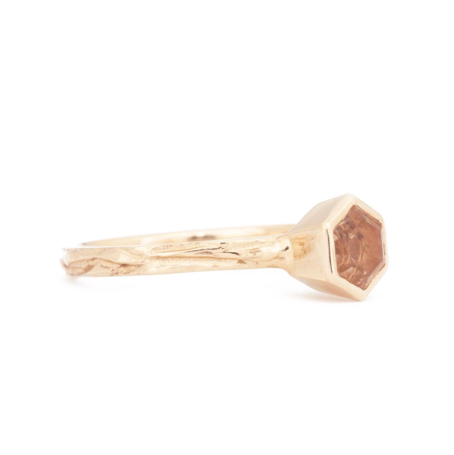 The Fairmined Oregon Sunstone Hexagon Woodgrain Solitaire (Ready to ship in size 9.75) - W.R. Metalarts
