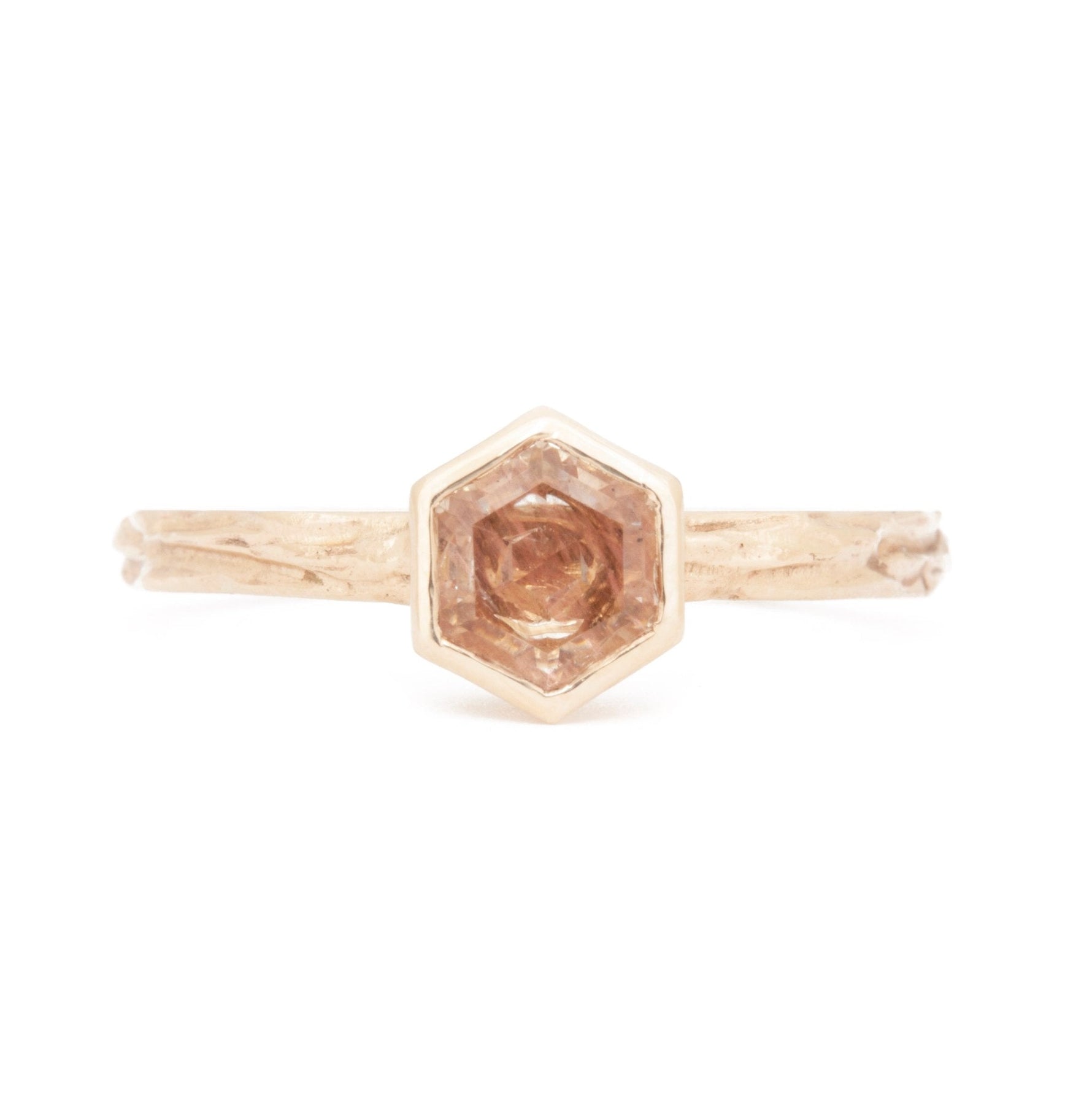 The Fairmined Oregon Sunstone Hexagon Woodgrain Solitaire (Ready to ship in size 9.75) - W.R. Metalarts