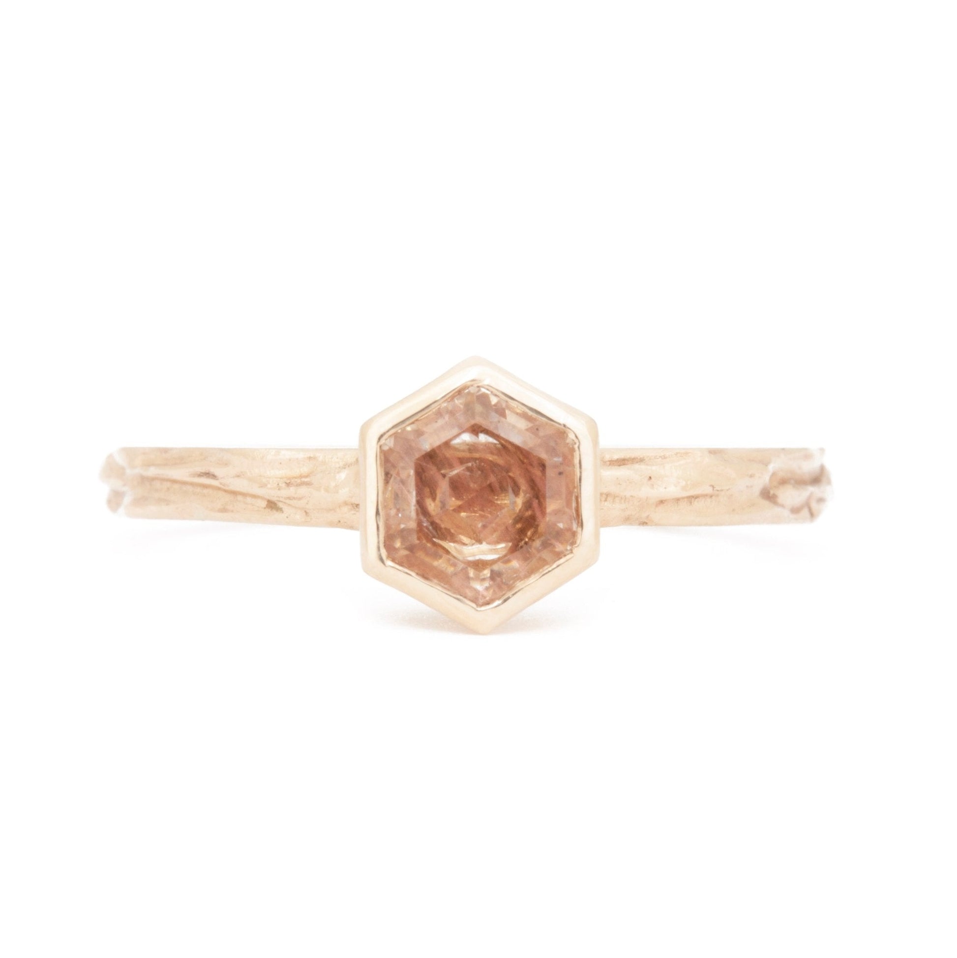 The Fairmined Oregon Sunstone Hexagon Woodgrain Solitaire (Ready to ship in size 9.75) - W.R. Metalarts