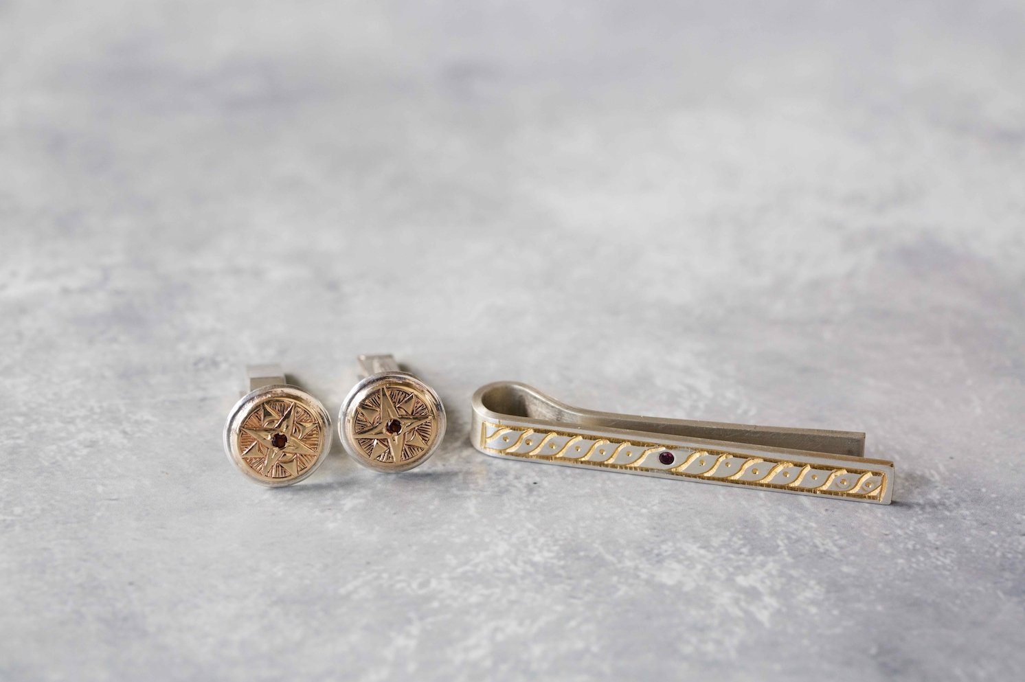 The Gilded Garnet Tie Bar - W.R. Metalarts