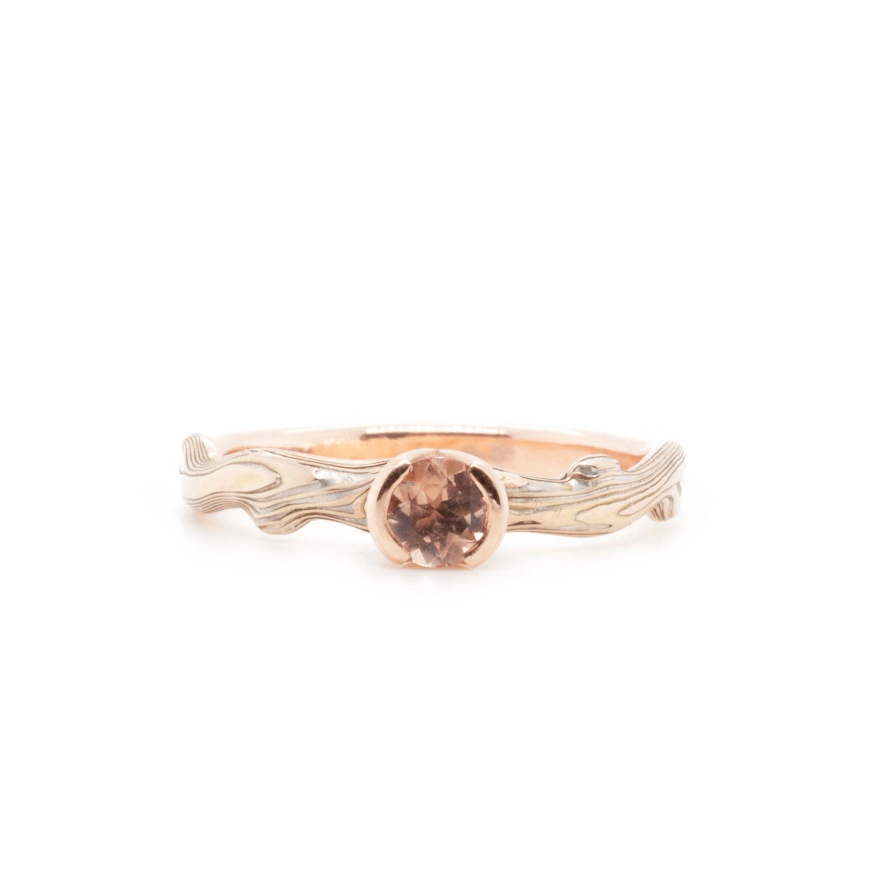 The Partial Bezel Sunstone Mokume Notched Solitaire - W.R. Metalarts