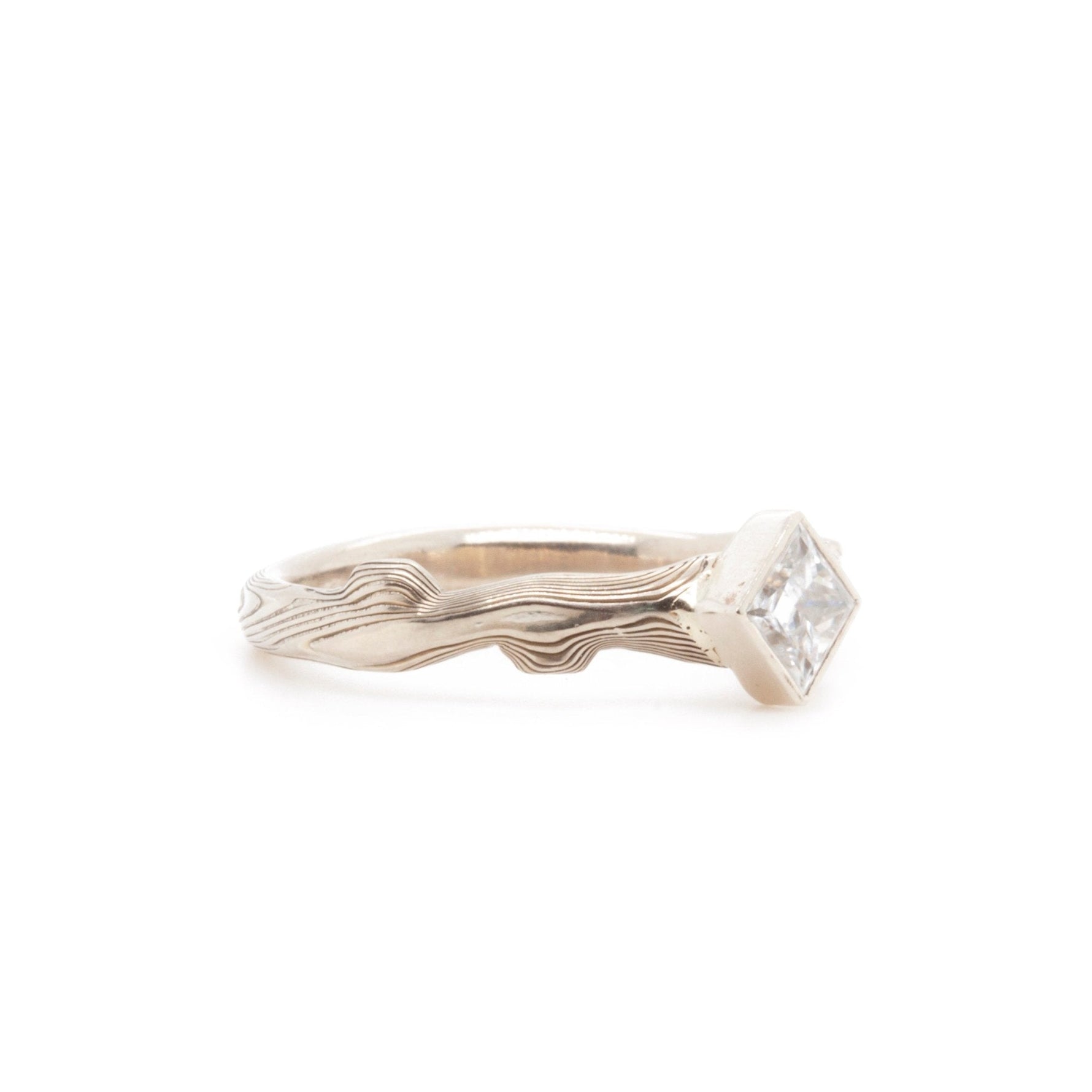 The Square Cut Moissanite Notched Mokume Ring - W.R. Metalarts