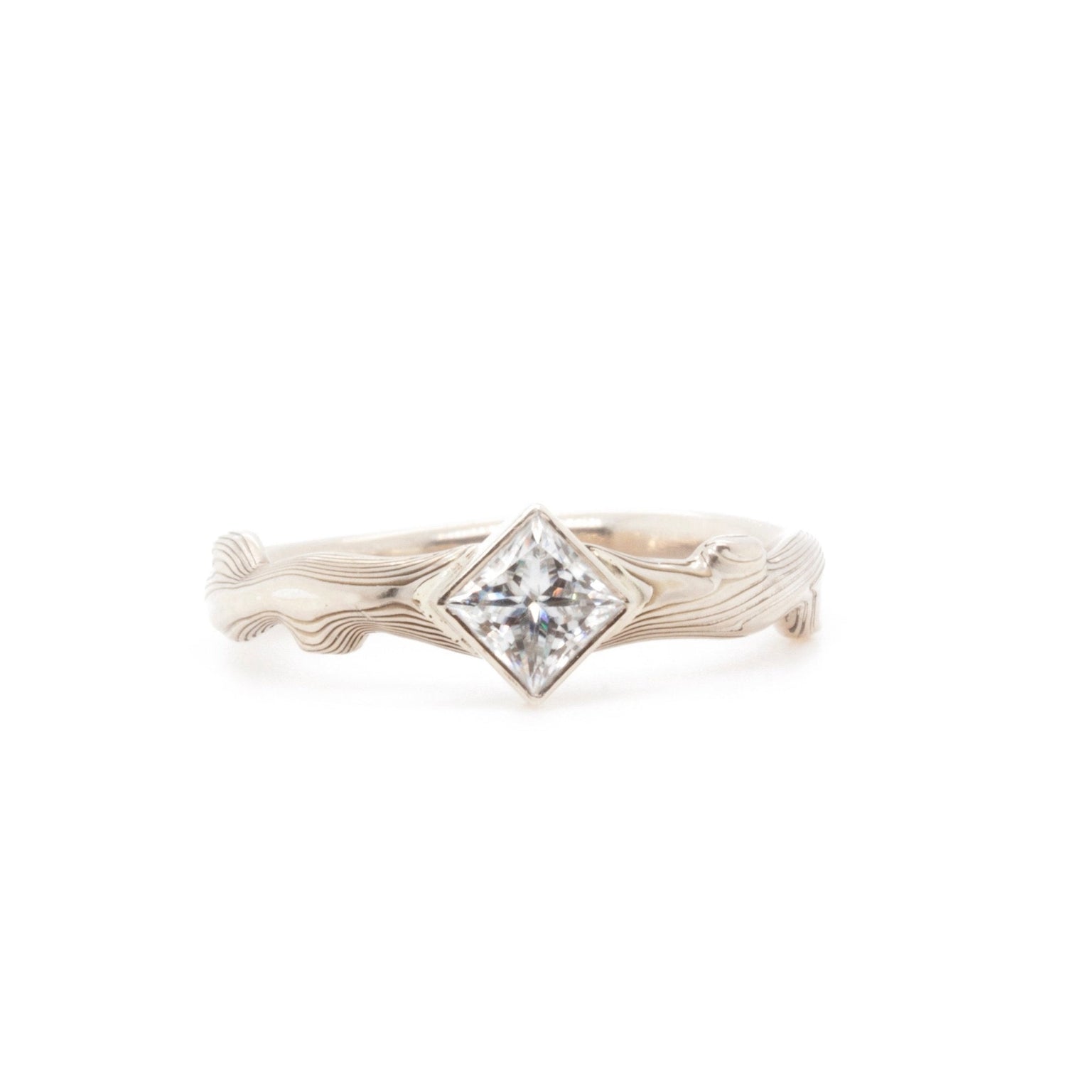 The Square Cut Moissanite Notched Mokume Ring - W.R. Metalarts