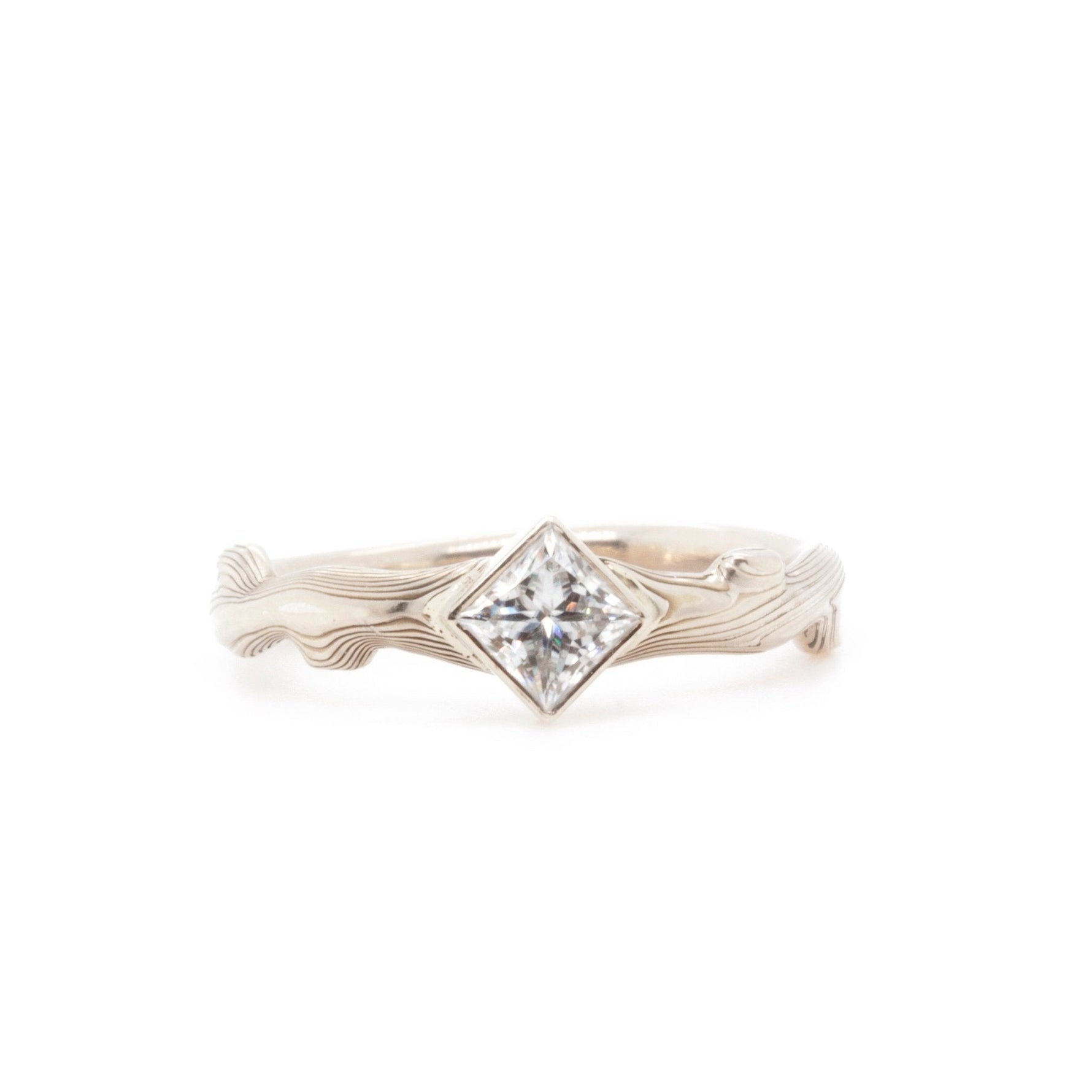 The Square Cut Moissanite Notched Mokume Ring - W.R. Metalarts