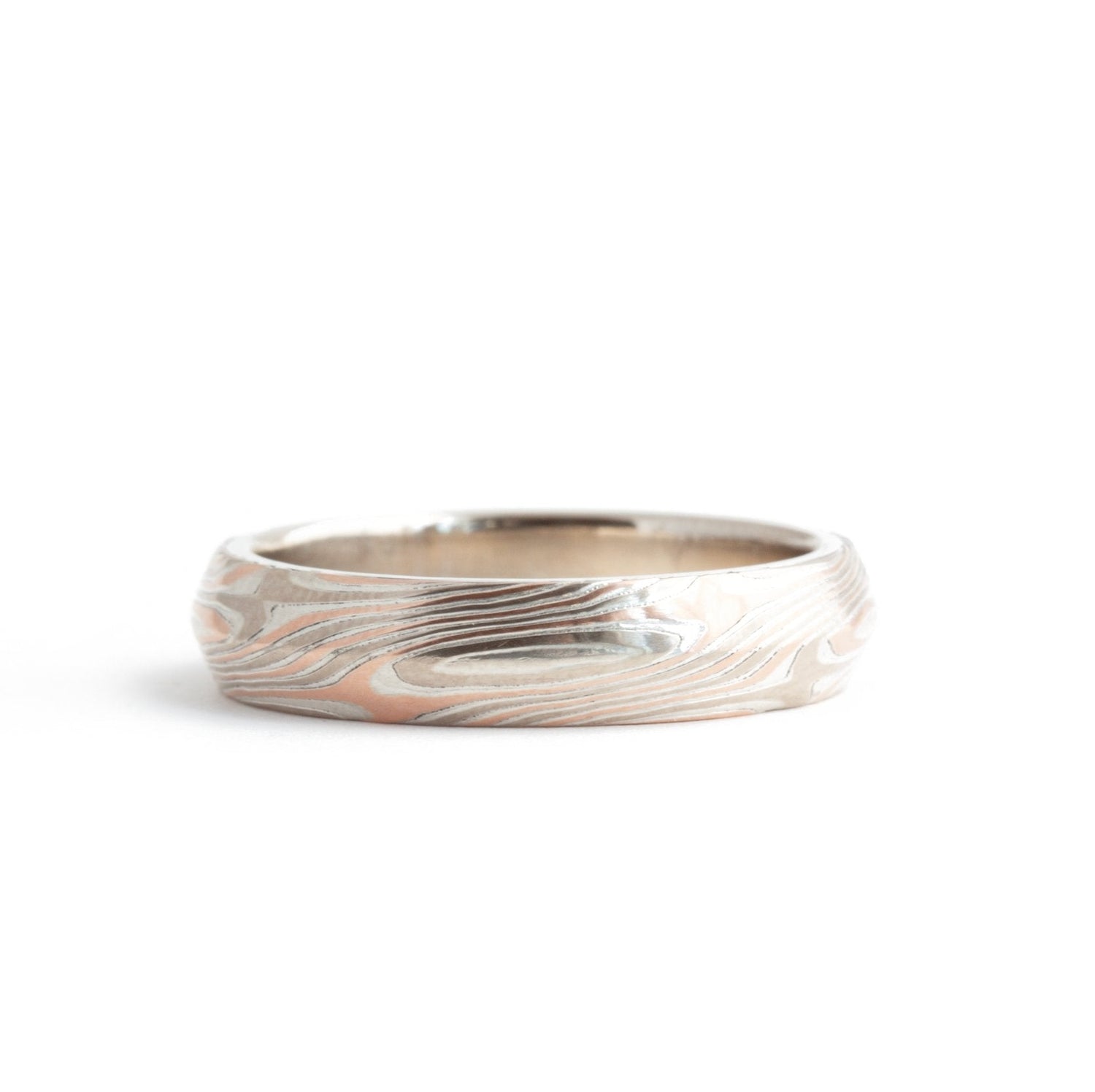 The Tri-Metal Rose Gold Mokume Gane Knife Edge Band (Ready to ship in 4.5mm width with a 14K rose gold liner size 7.75) - W.R. Metalarts