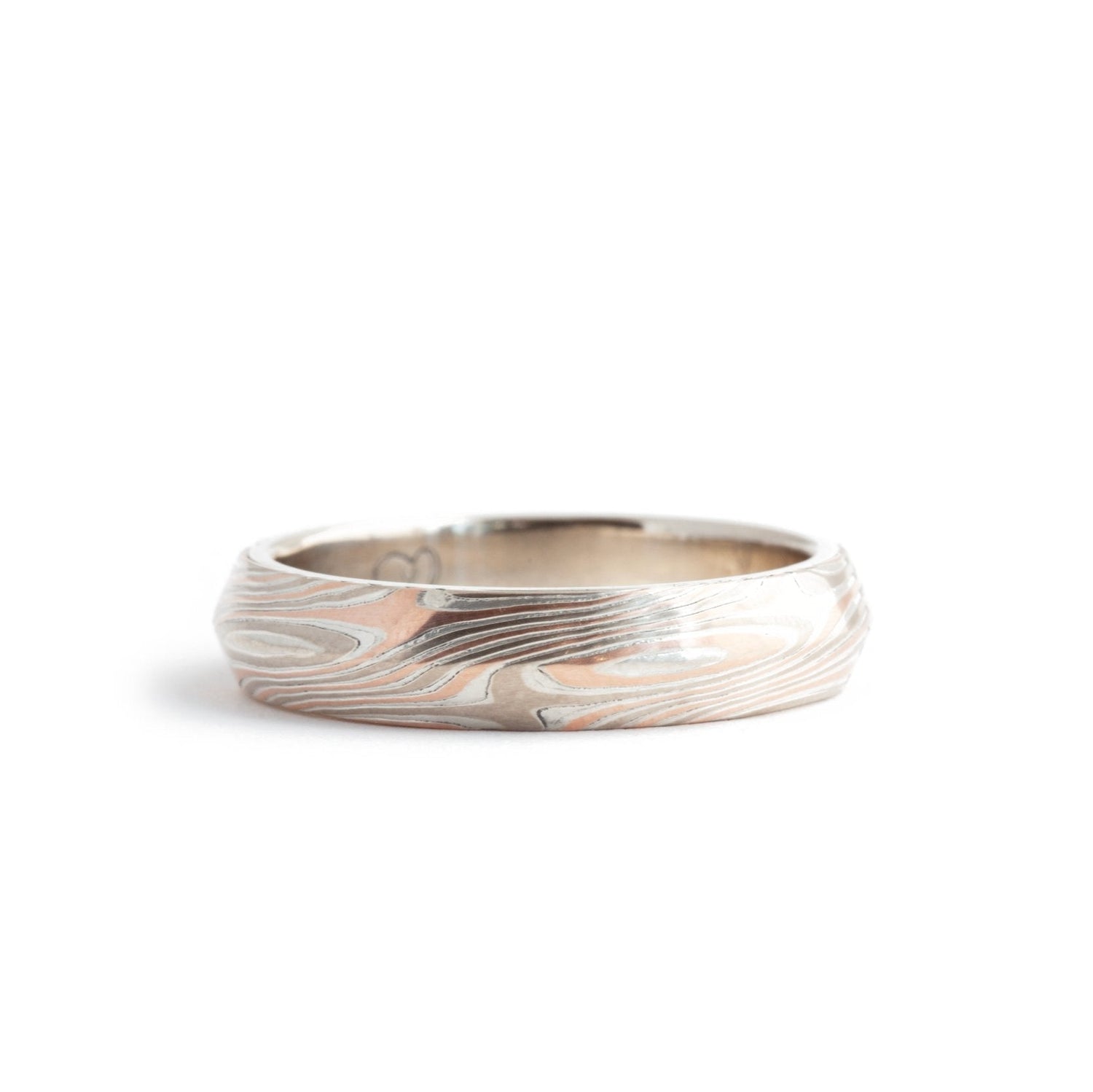 The Tri-Metal Rose Gold Mokume Gane Knife Edge Band (Ready to ship in 4.5mm width with a 14K rose gold liner size 7.75) - W.R. Metalarts
