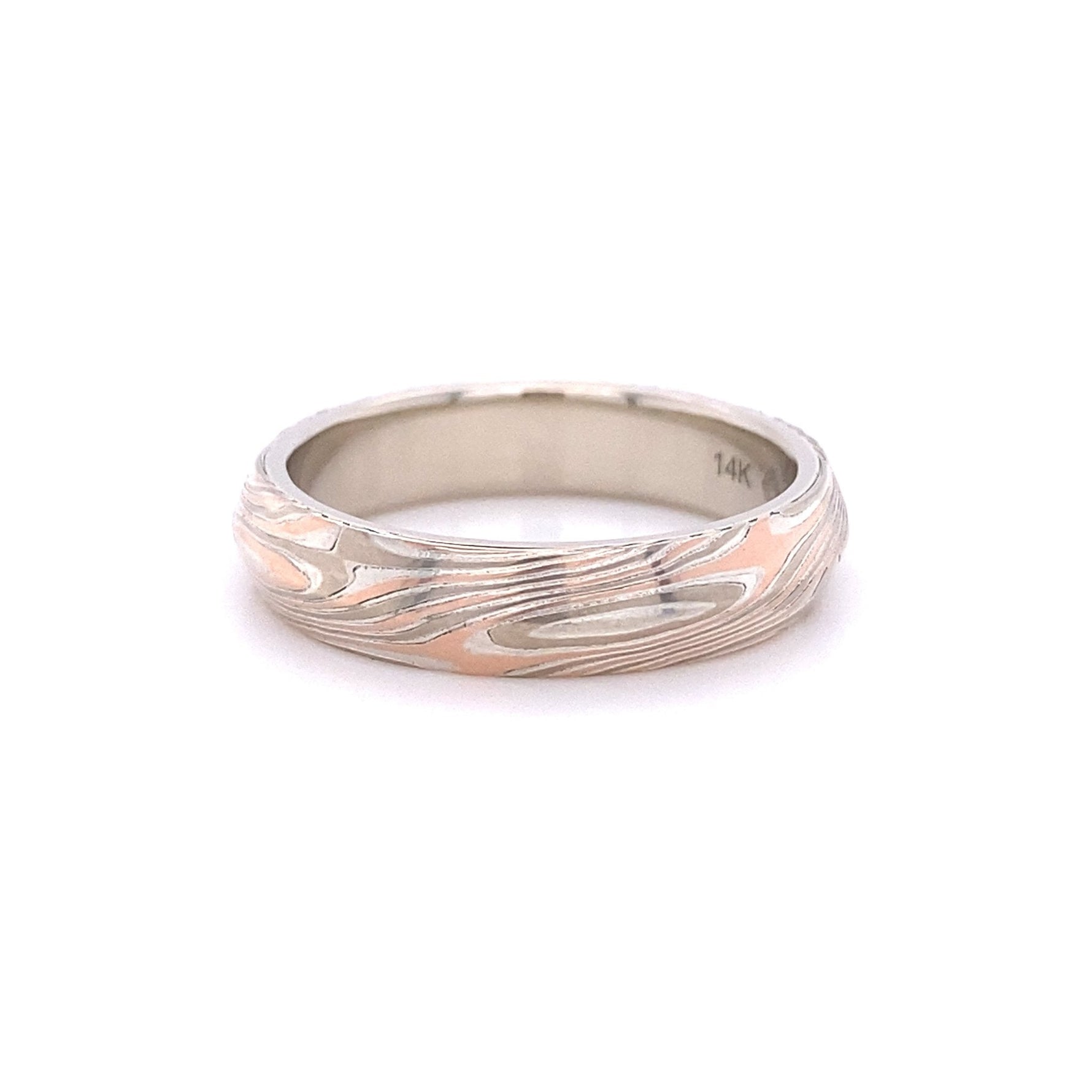 The Tri-Metal Rose Gold Mokume Gane Knife Edge Band (Ready to ship in 4.5mm width with a 14K rose gold liner size 7.75) - W.R. Metalarts