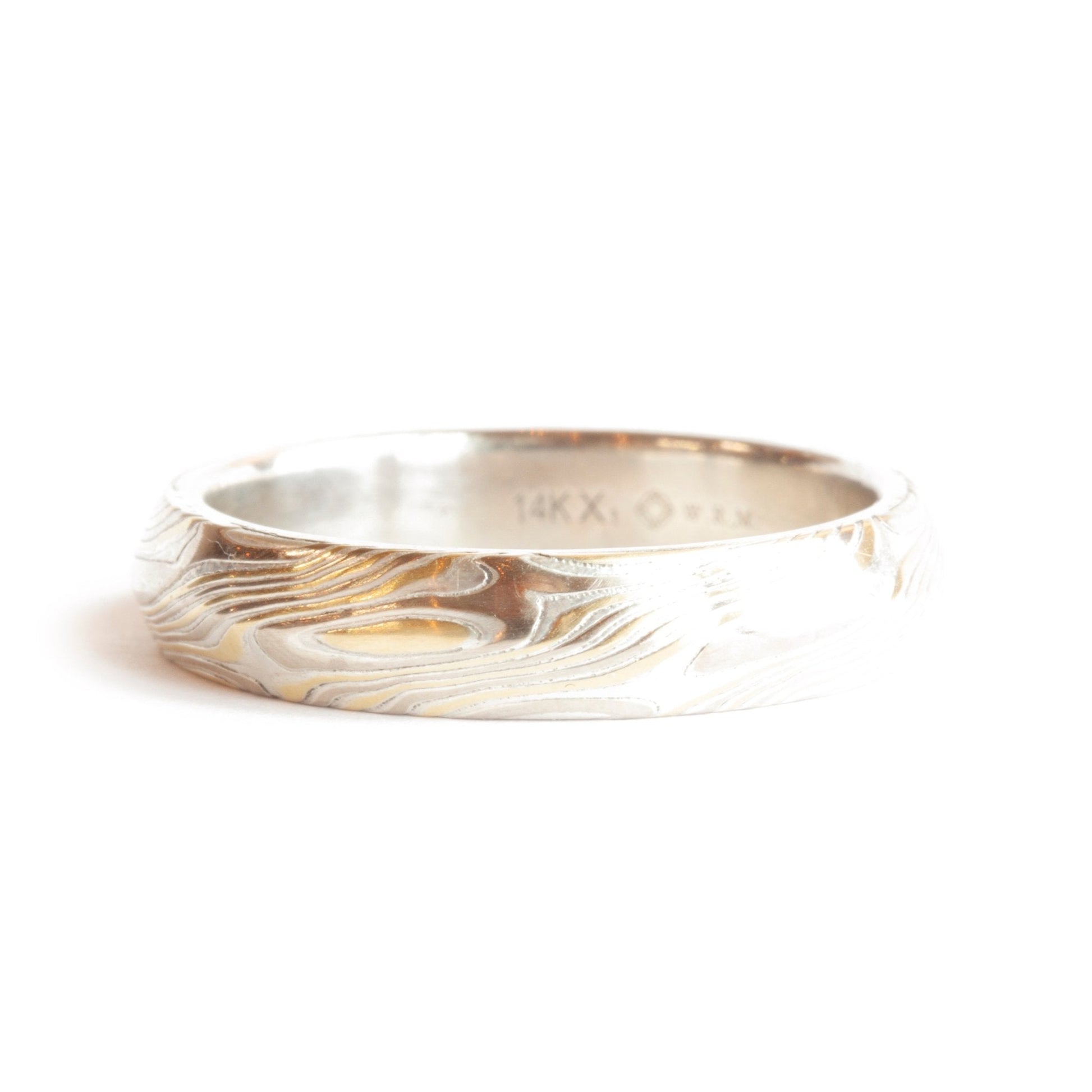 The Tri-Metal Yellow Gold Mokume Gane Knife Edge Band (Ready to ship in 5mm width a 14K yellow gold liner size 7) - W.R. Metalarts