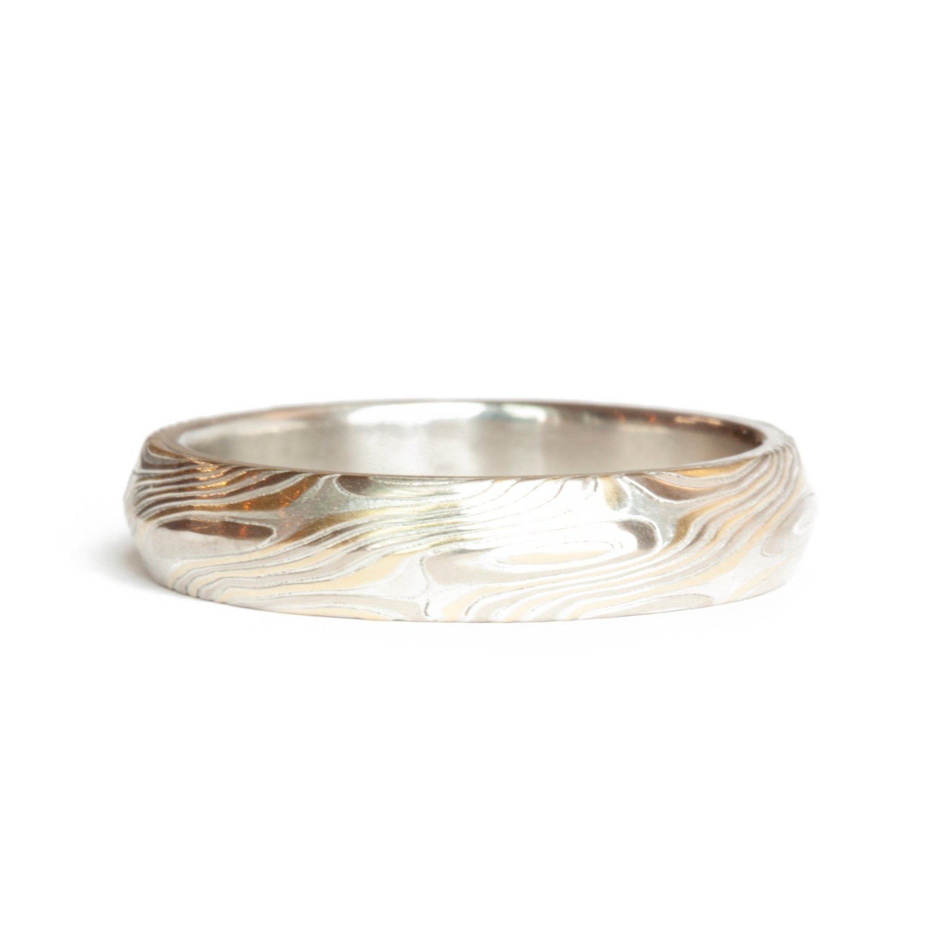 The Tri-Metal Yellow Gold Mokume Gane Knife Edge Band (Ready to ship in 5mm width a 14K yellow gold liner size 7) - W.R. Metalarts