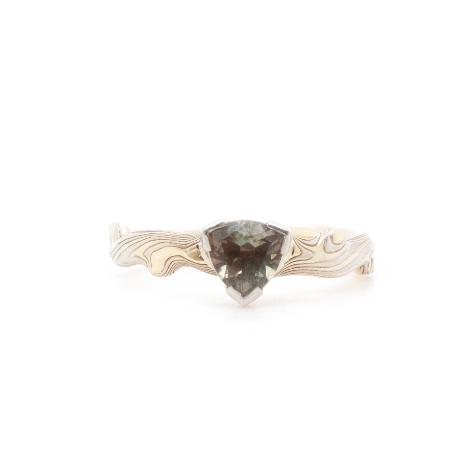 The Trillion Sunstone Notched Mokume Ring - W.R. Metalarts