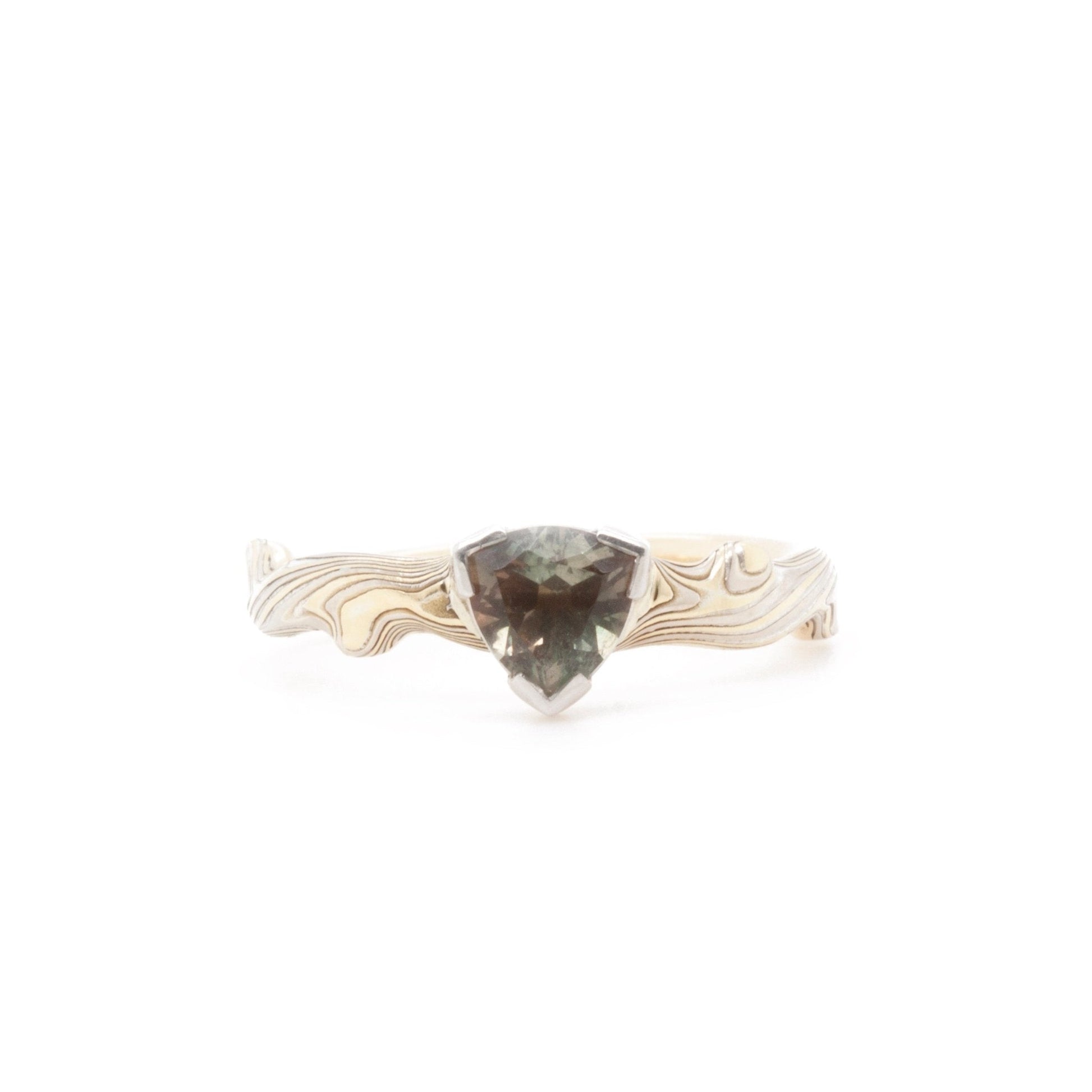The Trillion Sunstone Notched Mokume Ring - W.R. Metalarts