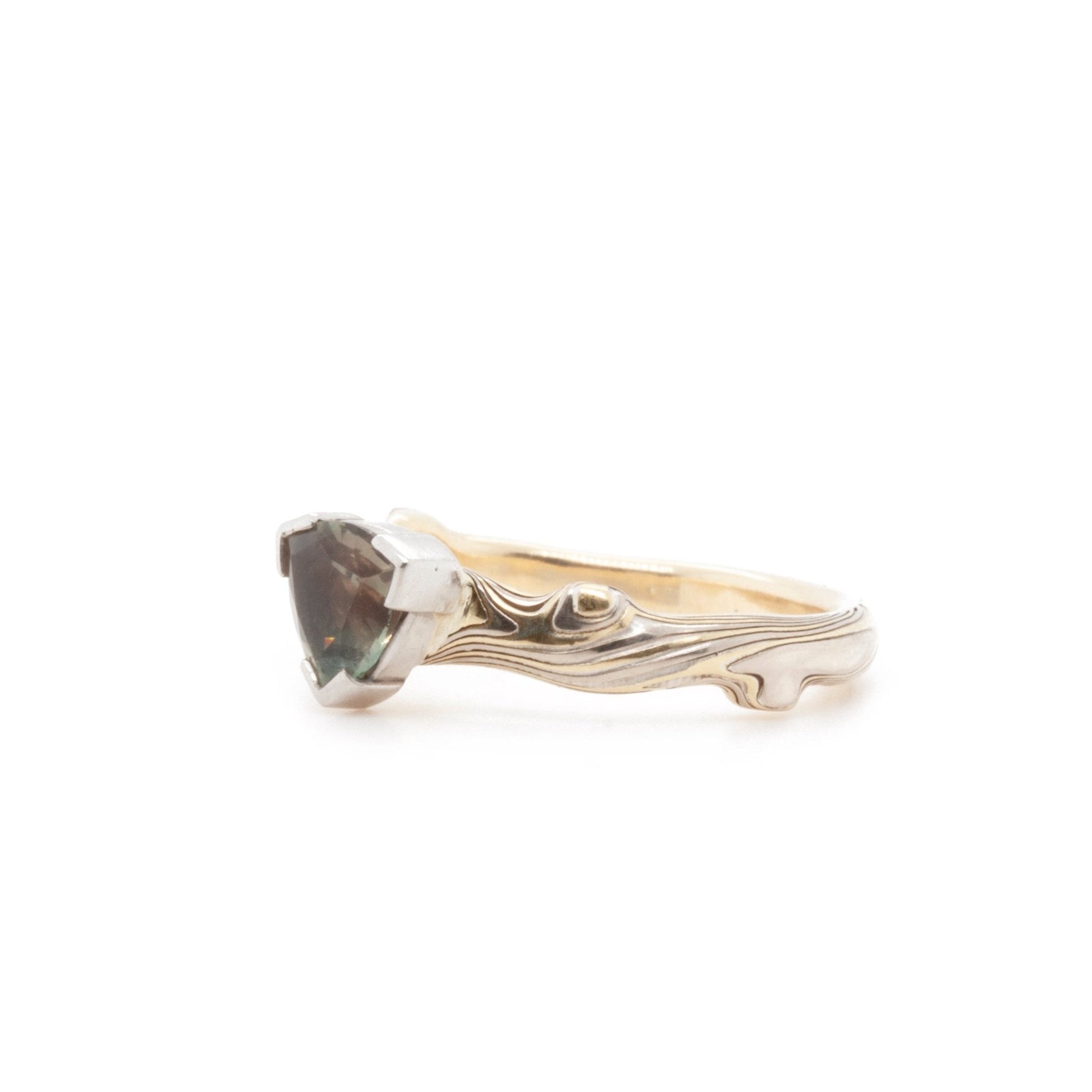 The Trillion Sunstone Notched Mokume Ring (Ready to ship in size 7.75) - W.R. Metalarts