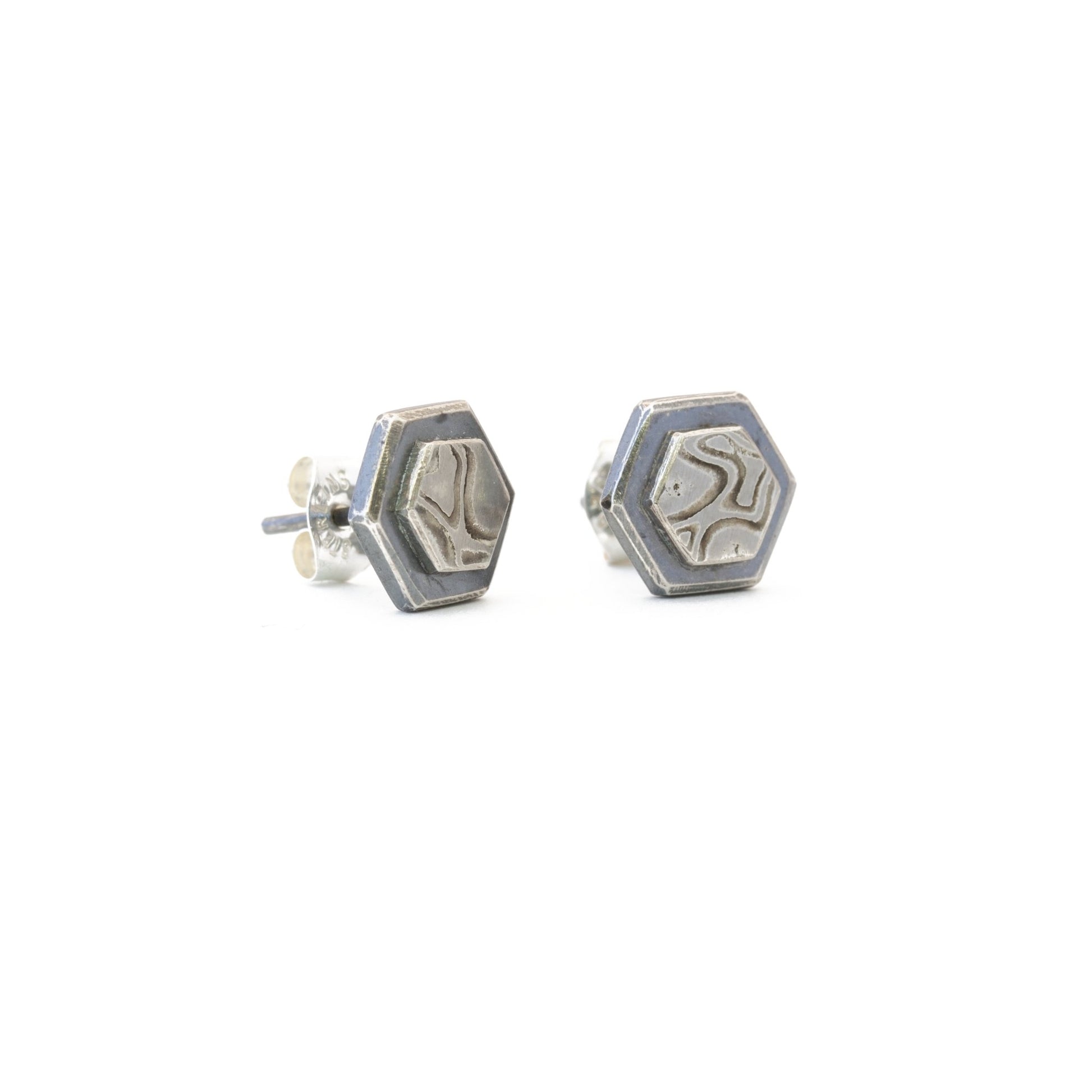 White Gold Mokume Hexagon Studs - W.R. Metalarts