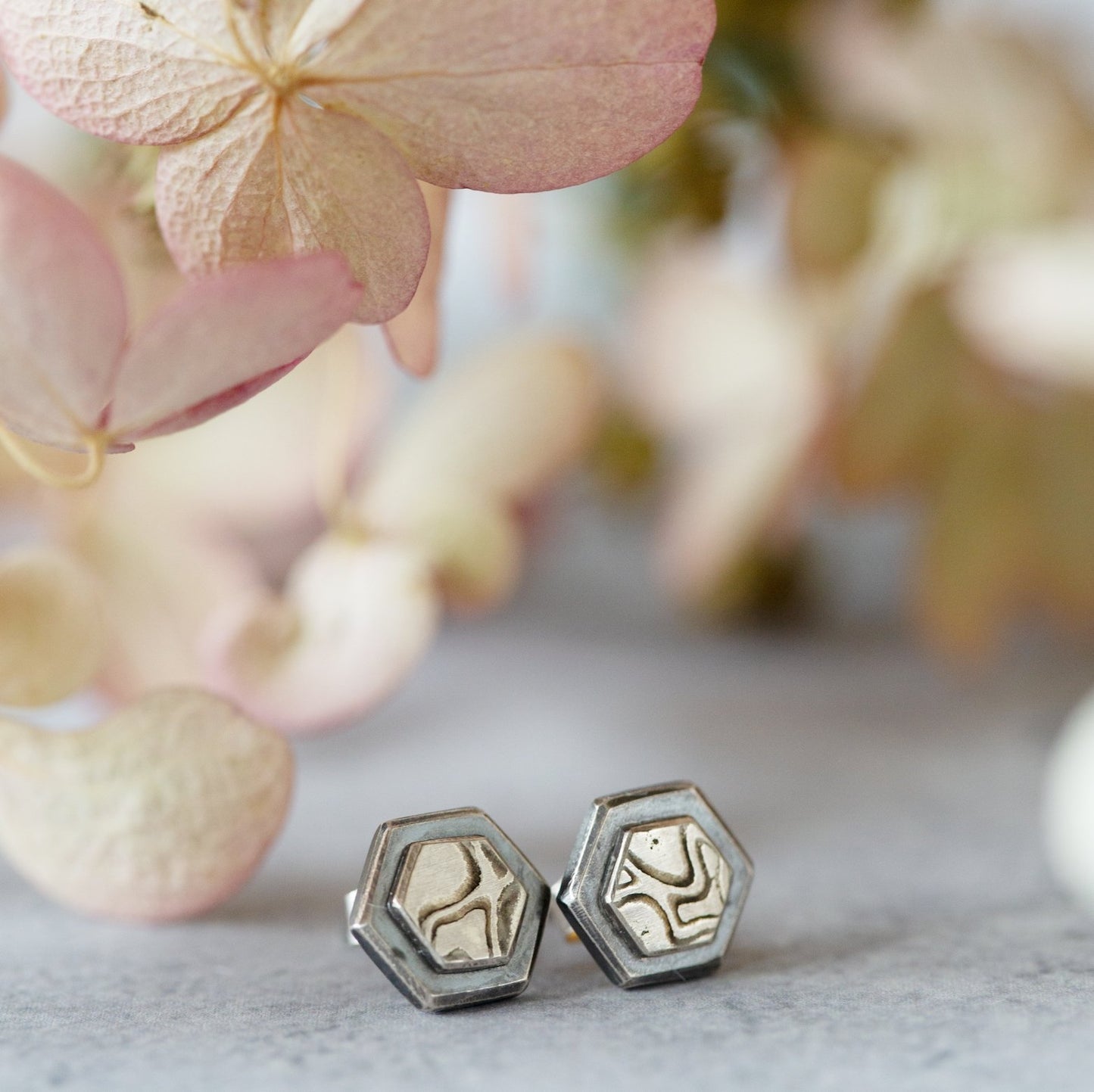 White Gold Mokume Hexagon Studs - W.R. Metalarts