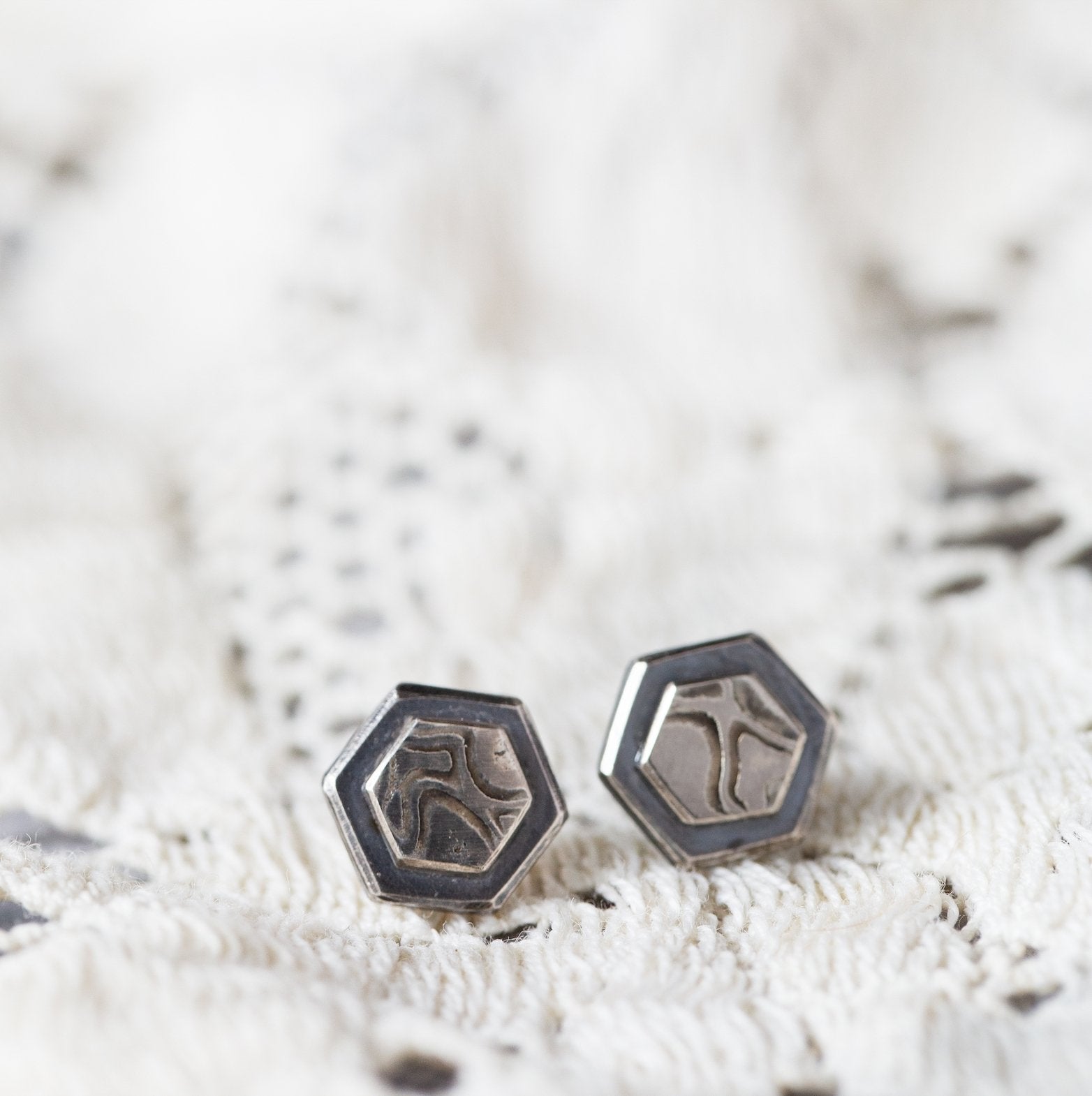 White Gold Mokume Hexagon Studs - W.R. Metalarts