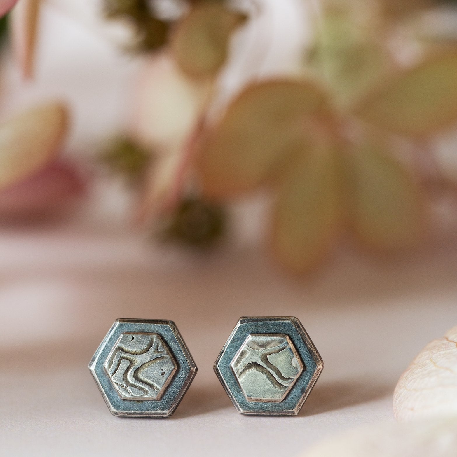 White Gold Mokume Hexagon Studs - W.R. Metalarts