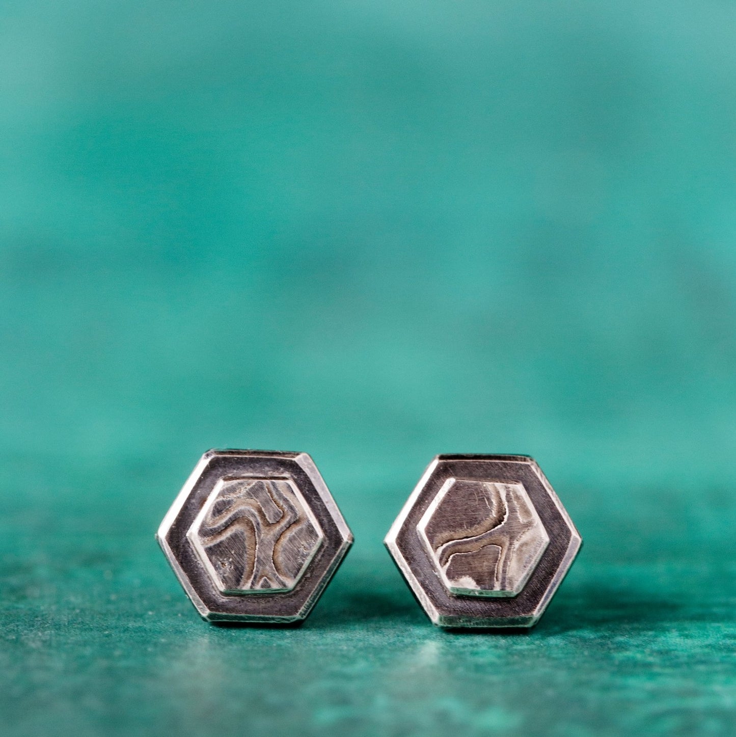 White Gold Mokume Hexagon Studs - W.R. Metalarts