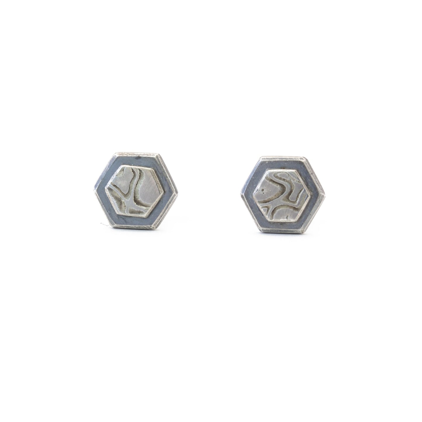 White Gold Mokume Hexagon Studs - W.R. Metalarts